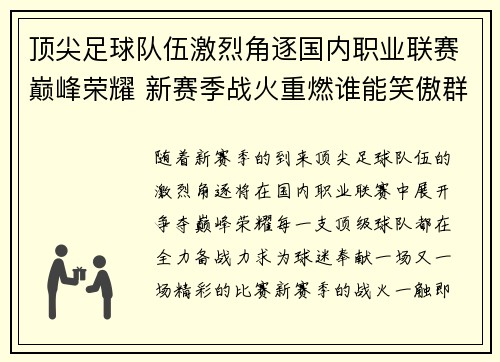 顶尖足球队伍激烈角逐国内职业联赛巅峰荣耀 新赛季战火重燃谁能笑傲群雄