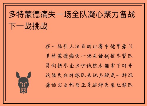 多特蒙德痛失一场全队凝心聚力备战下一战挑战